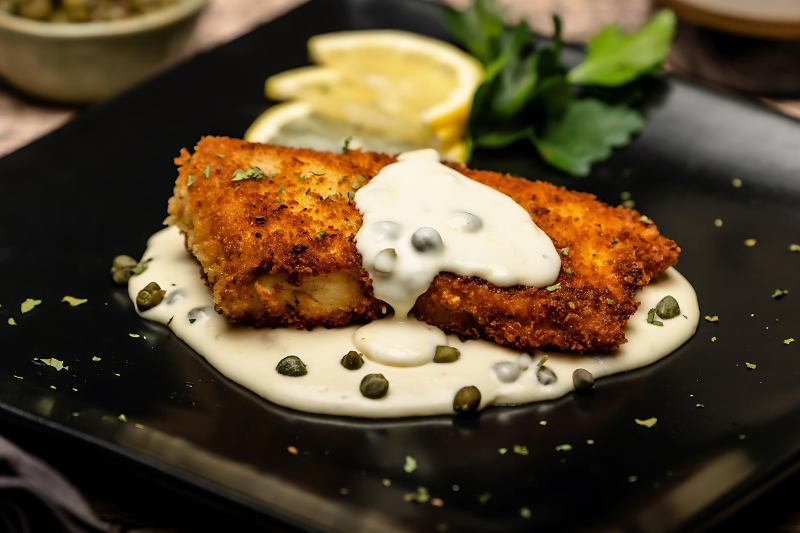 Panko Crusted Halibut with Lemon Caper Sauce