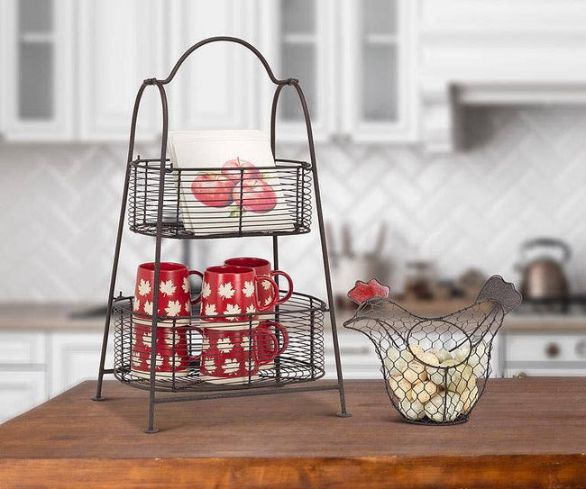 Oval Double Basket Storage Rack-Dark Brown-25"H - Lacuisinebozeman
