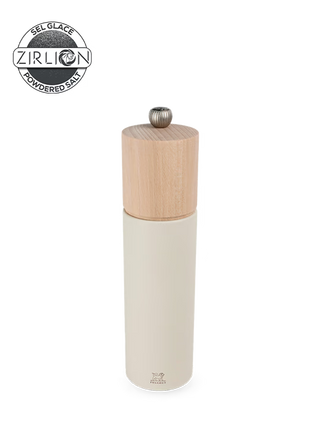 Peugeot Boreal salt mill in wood with feather white finish, 8-inch spice mill for grinding salt and spices.