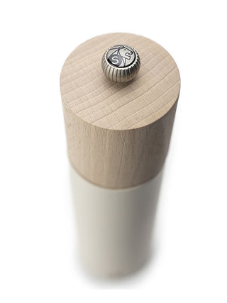 Peugeot Boreal salt mill in wood with feather white finish, 8-inch size, featuring a sleek top design for grinding salt.