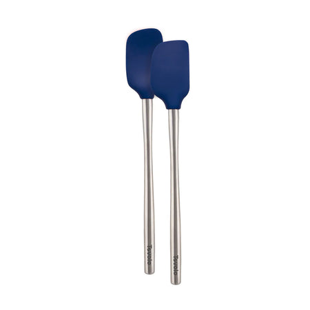 Tovolo Flex-Core mini spatula and spoonula with stainless steel handle in deep indigo, ideal for cooking and baking tasks.