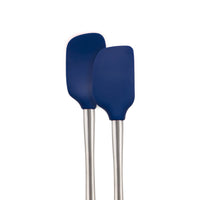 Tovolo Flex-Core Mini spatula and spoonula with stainless steel handle in deep indigo, ideal for precise cooking and stirring tasks.