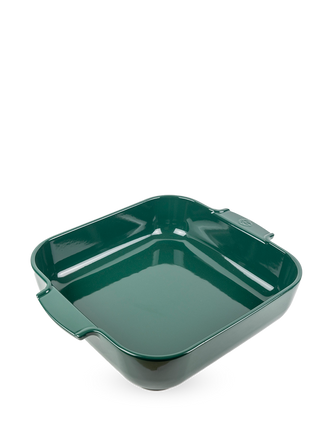 Peugeot Appolia ceramic square baking dish in forest green, 14-inch size, ideal for oven baking and serving.