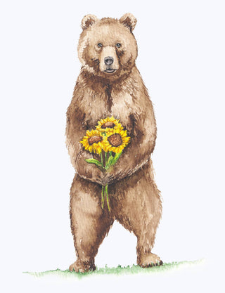 Hand painted card, Brown Bear with flowers, whimsical spring: Single Card - Lacuisinebozeman