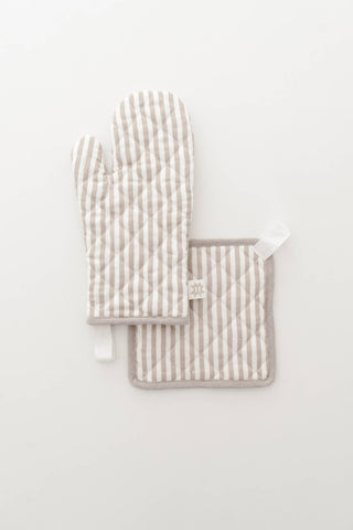 Oven Mitt + Potholder Set in Oatmeal Linen Stripe