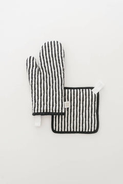 Oven Mitt + Potholder - Quilted Linen Set in Navy Blue
