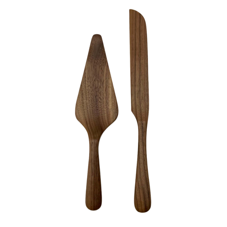 Walnut Wood Cake Server Set - Lacuisinebozeman