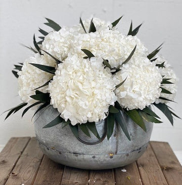 White Hydrangea in Hammered Bowl - Lacuisinebozeman